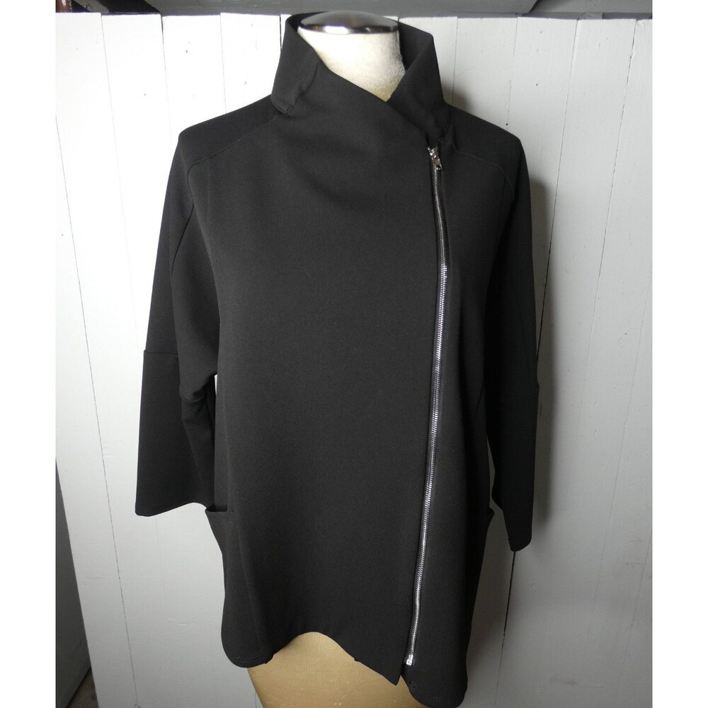Comfy USA Women's M Black Boxy ZIp Jacket Mock Neck 3/4 Sleeve Stretch